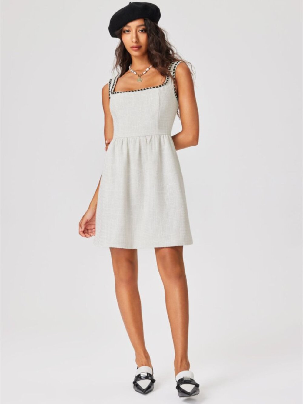 CIDER Ivory Tweed U-Neck Mini Dress Black Trim Size Small NWT
